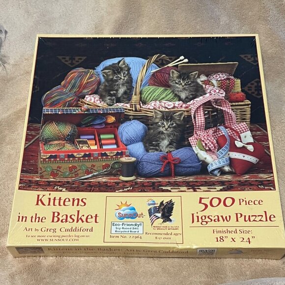 SunsOut Kittens in The Basket 500 Pc Jigsaw Puzzle Baby cats - Picture 1 of 9